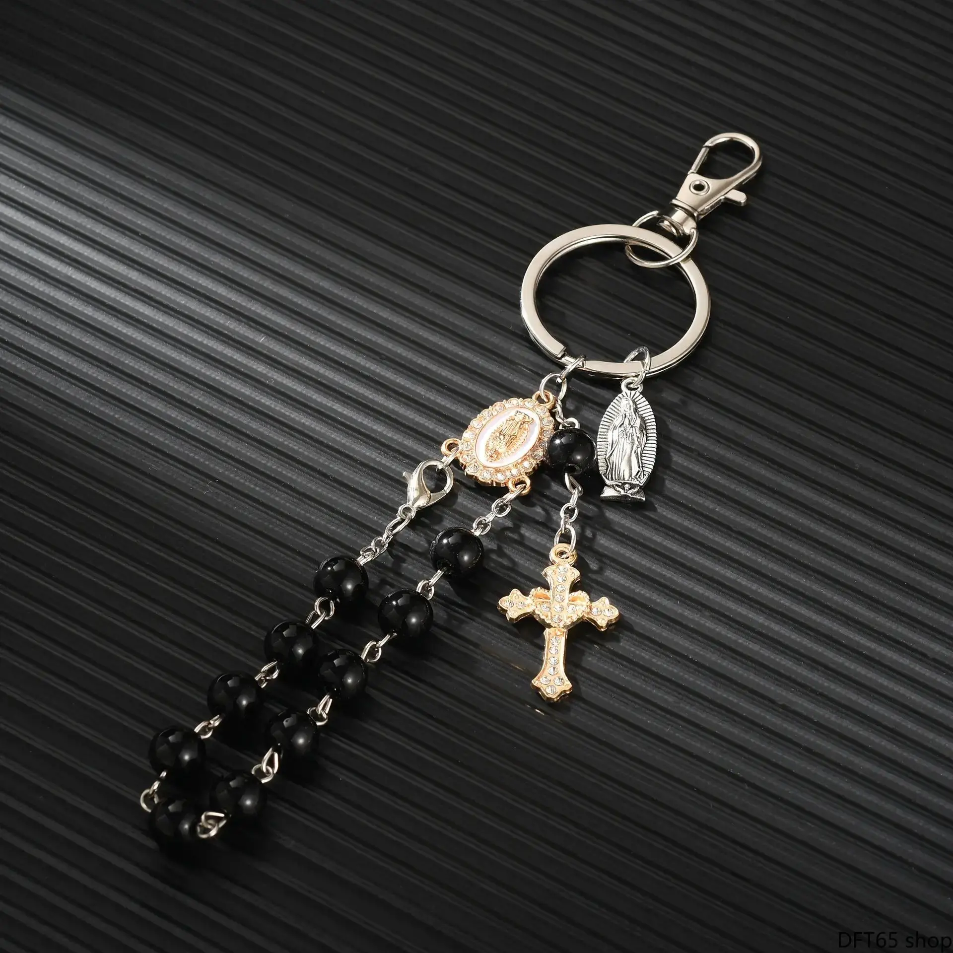 Vintage Rhinestone Cross And Medal Multi-Charm Keychain With Woven Beaded Tassel Polished Alloy Hardware Compact Lightweight Silhouette For Women Daily Handbag Purse Delicate Dainty Portable Multi-Scenario Decorative Bag Hanging Accessory