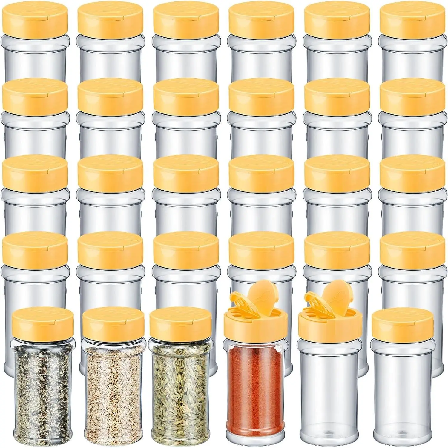 36 Pcs 5.5 oz Plastic Spice Jars with Shaker Lids Clear Spice Bottles Plastic Seasoning Containers Empty Shaker for Kitchen Storing Herbs Seasoning Powders Pepper Dry Goods (Yellow)