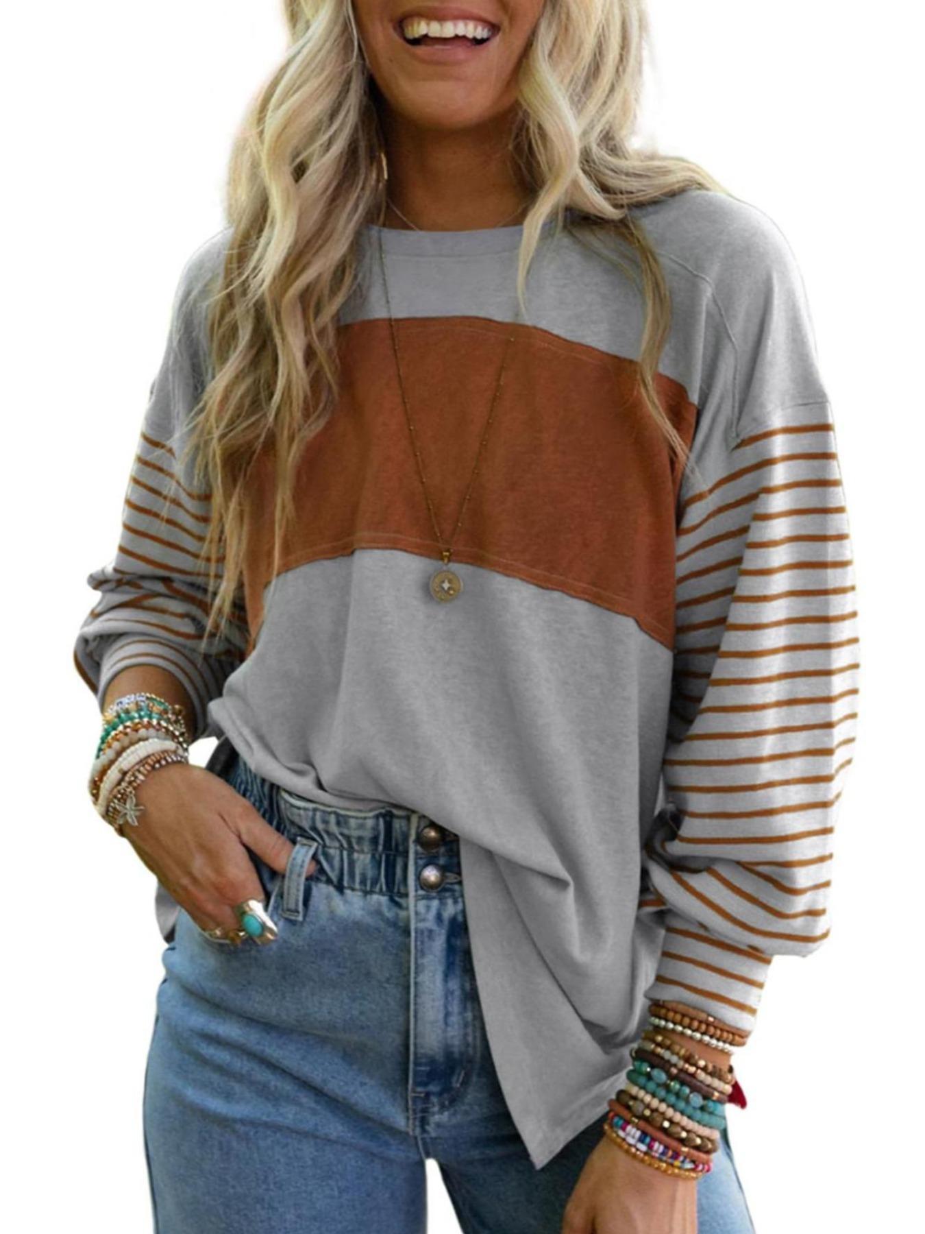 【Plus Size】 Striped Crew Neck T-shirt, Casual Long Sleeve Top for Spring & Fall, Women's Plus Size Clothing for Daily Wear