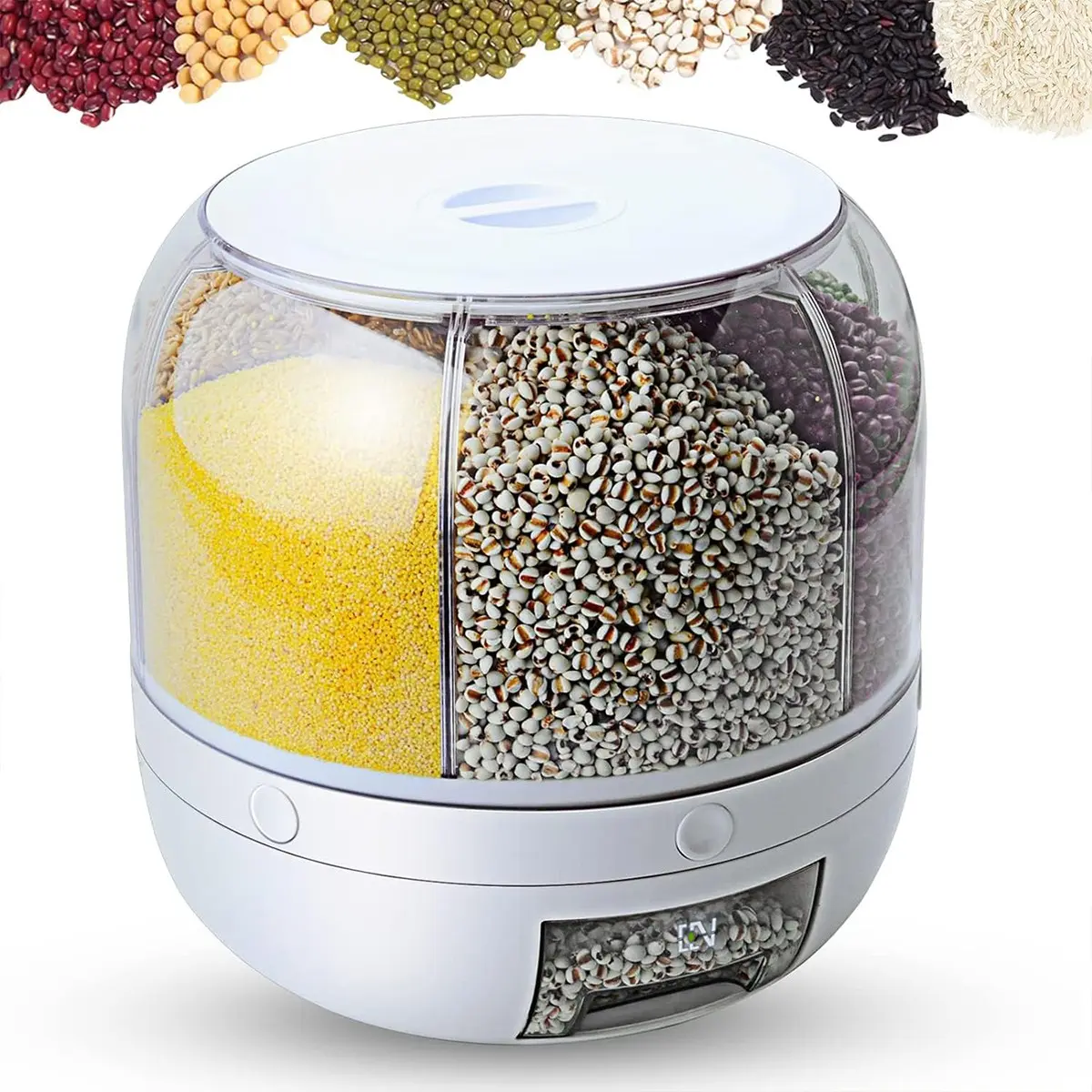 Wowfuny Grain Dispenser, 8.2 Quart Rotating Rice Dispenser, 6-Compartment Dry Goods Container with Measuring Cup, Kitchen Small Grains & Beans Storage