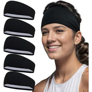 Non-Slip Sweatband Headbands with Silicone Grip, Black Workout Headband 5 Pack for Running, Gym, Yoga, Sports