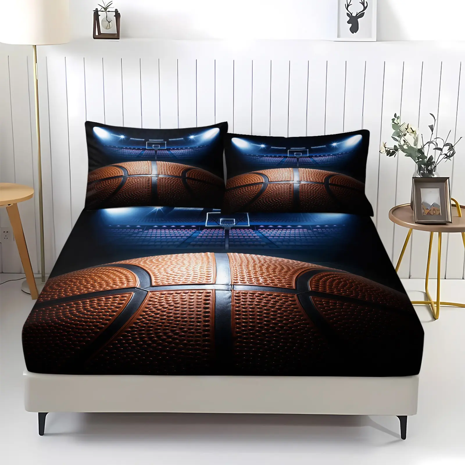 Basketball patterned bed sheet, including 1 sheet and 2 pillowcases, comfortable bedding, non slip dust cover suitable for bedrooms and guest rooms, suitable for children or adults as gifts