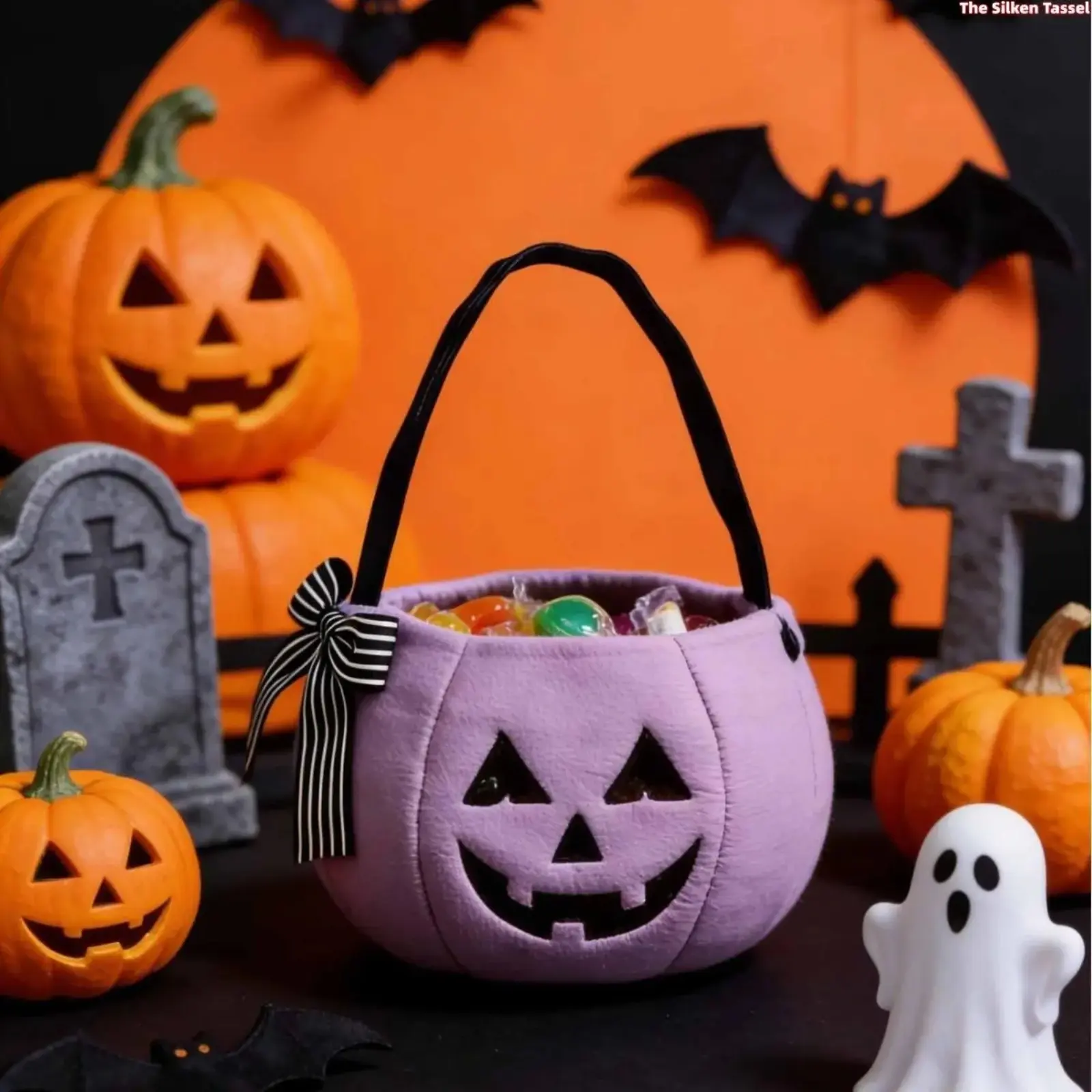 4 PCS Plush Super Soft Pumpkin Shape Bucket Bags with Carry Handle, Carry Strap - Halloween Fun Trick-or-Treat Baskets for Kids, 15*15*3Cm (tiktokshopbacktoschool)