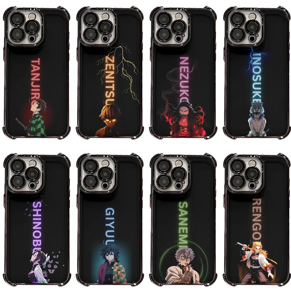 Demon Slayer Phone Case - Tanjiro Nezuko Zenitsu 8 Neon Vertical Name Black Base, 4-Corner Shockproof Cover, Shonen Anime Fan Birthday Gift for iPhone 17 Air/16 Pro Max/15/14 Plus/13/12/11