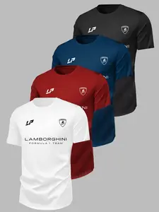 4-Piece Short Sleeve Set, Daily Casual Wear, Lamborghini F1 Team Logo Print, Breathable Quick-Dry Fabric, Unisex, All Seasons