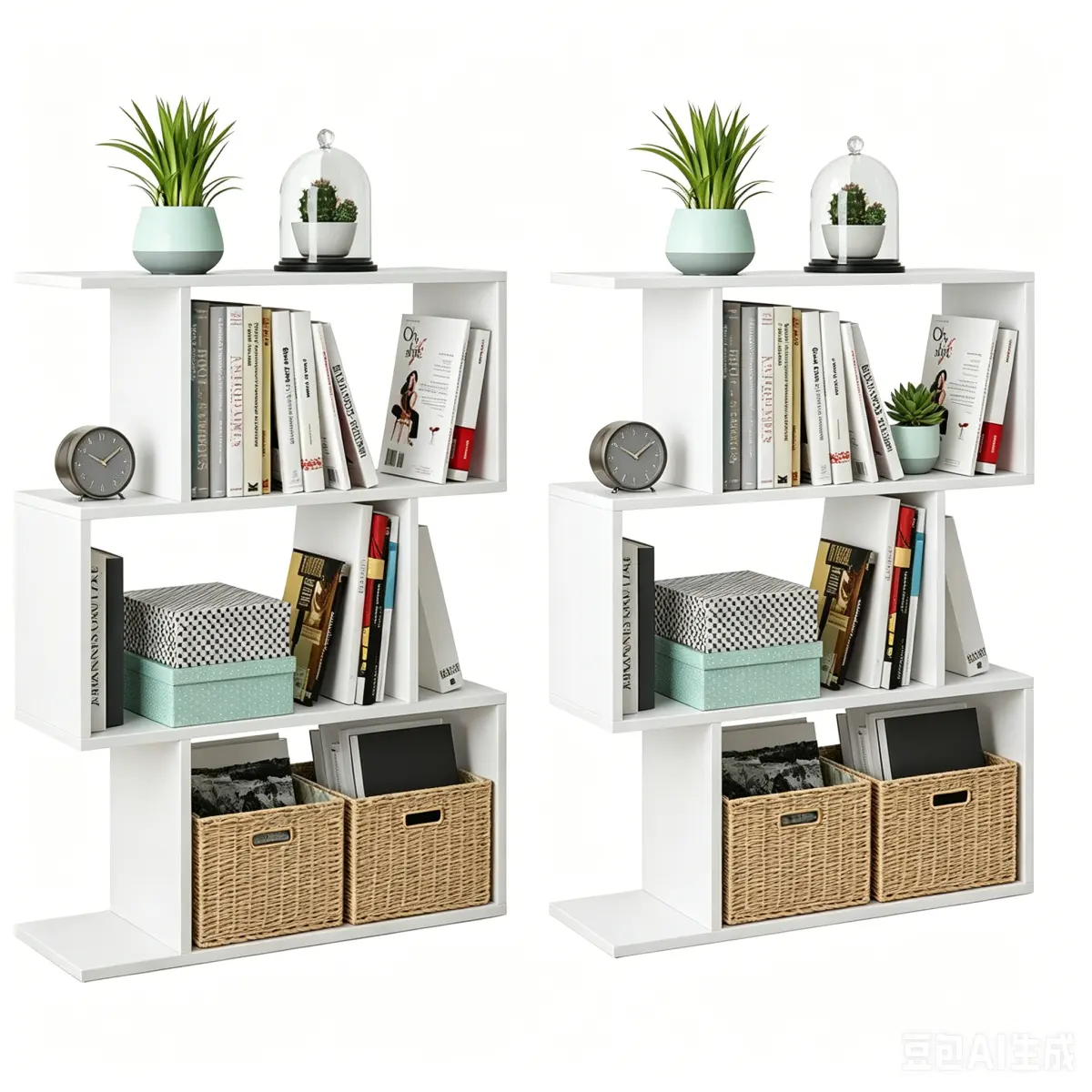 Asymmetrical E-Shaped Wall Mounted Shelf, Melamine Particle Board & MDF Floating Display Rack, 27.56"L *9.45"W *37.80"H, 3-Tier Staggered Open Storage Space Saving Geometric Wall Bookshelf for Living Room Bedroom Entryway