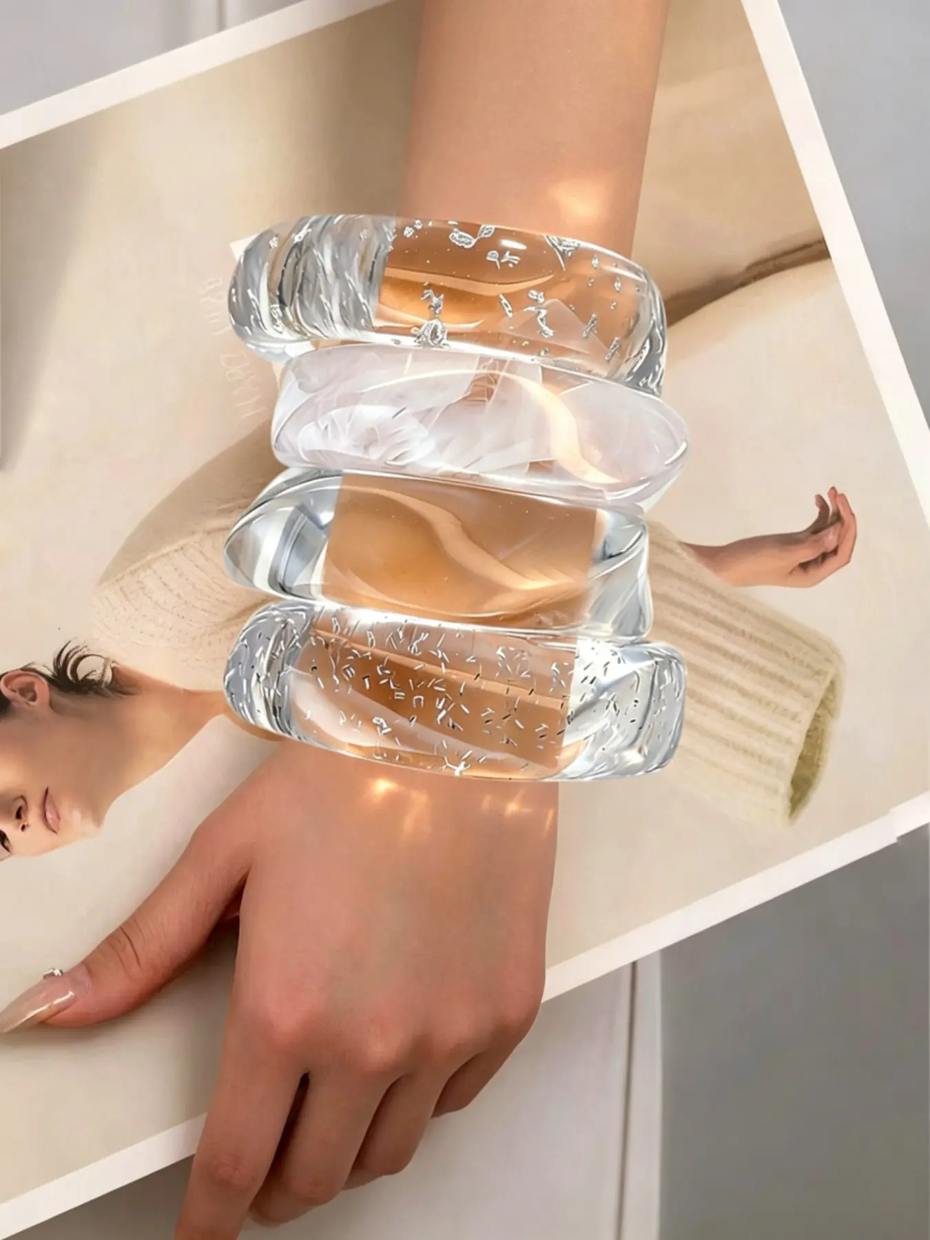 4pcs/1pcs y2k Transparent Clear Resin Bangle Set Silver Flake, Misty White Swirl & Solid Clear Chunky Wide Stackable Bracelet for Women Minimalist Fashion Jewelry Stack Bangles