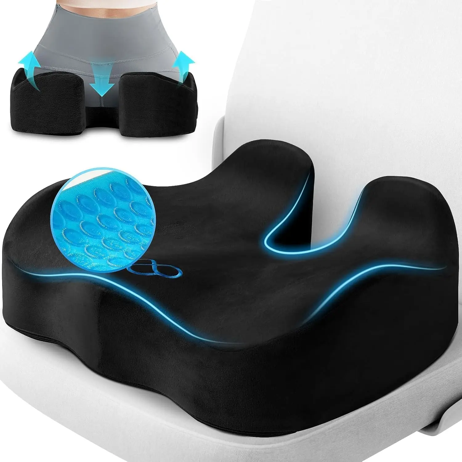 Seat Cushion, Gel Chair, Office Chair, Anti-Slip Bottom & Removable Cover Tailbone Pain Relief Cushion, Seat Cushion for Office, Wheelchair, Car (Black)