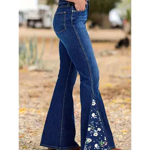 High-Waisted, Stretchy Slim-Fit Flared Pants with a 3D-Cut Patchwork Design. They Showcase Beautiful Embroidery at The Cuffs. The Vintage Washed Classic Blue Color Makes Them Stylish And Suitable for Various Occasions. Crafted from Breathable