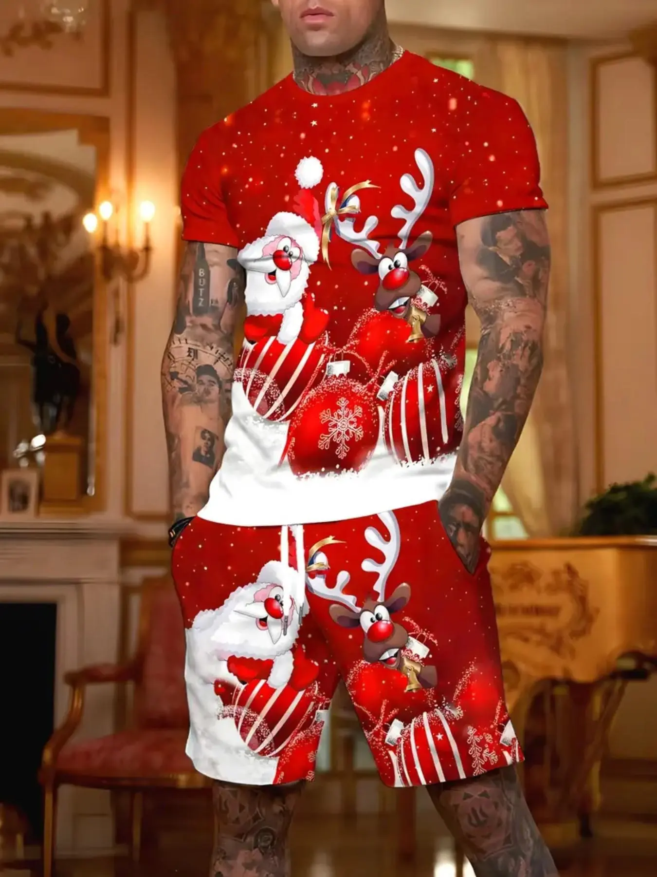 2-Piece Christmas for Men and Teens, Santa and Reindeer Print, Short Sleeve T-Shirt and Shorts, Festive Party Wear, Ideal Gift