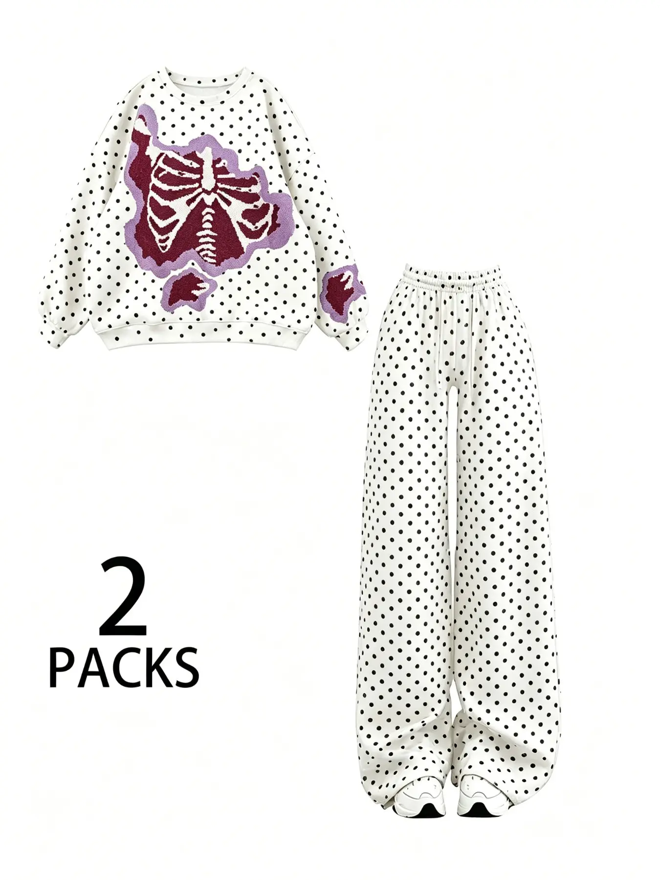 Women's Polka Dot Skull Butterfly Sweatshirt & Wide Leg Drawstring Pants, 2 Piece Streetwear Set, Oversized Crew Neck, Fall Winter Fashion