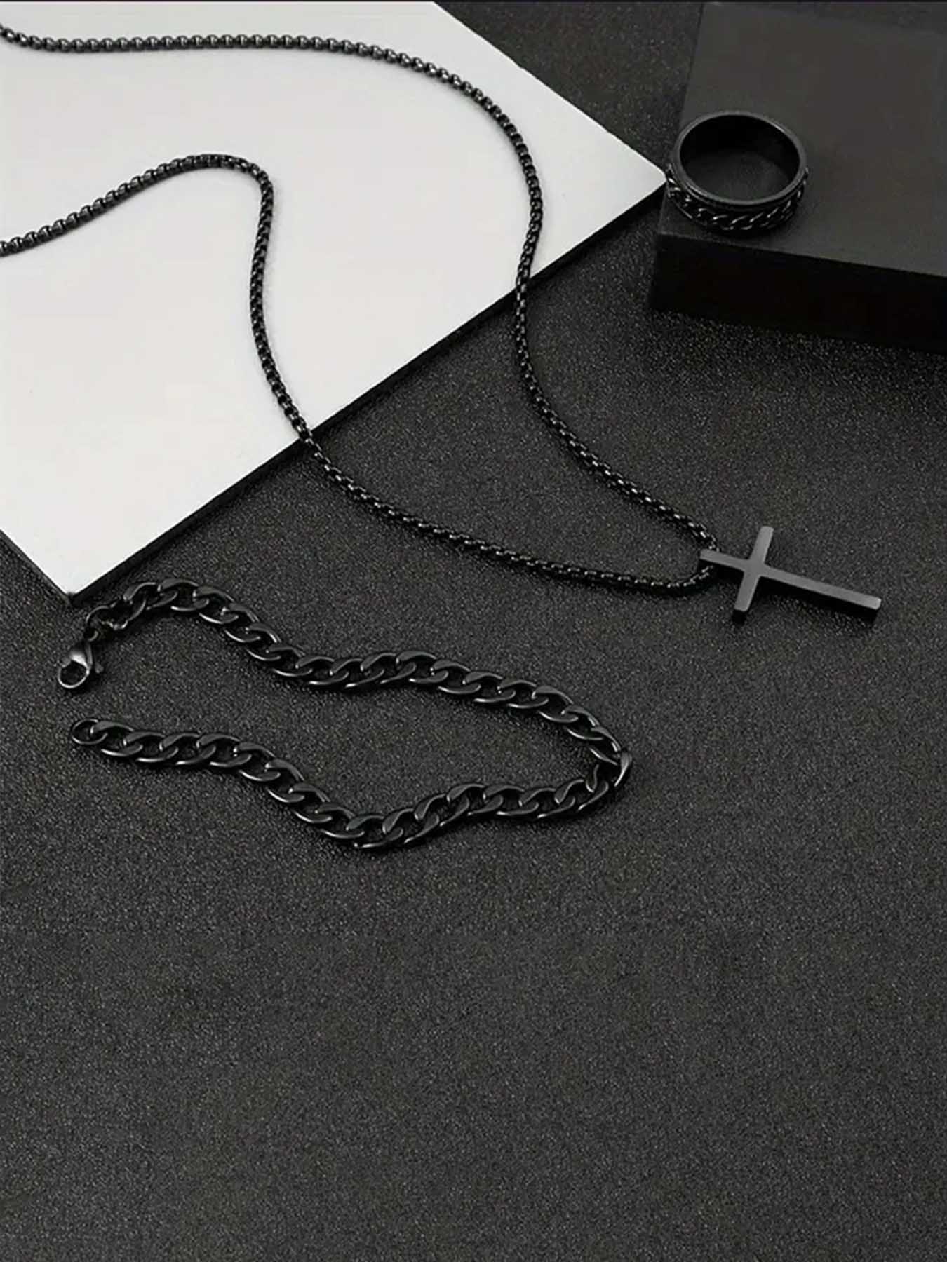 Men's Punk Hip Hop Cross Necklace & Curb Chain Bracelet & Ring, Fashionable Jewelry Set for Party, Daily Decor, Trendy All-match & Exquisite Jewelry for Birthday Gift