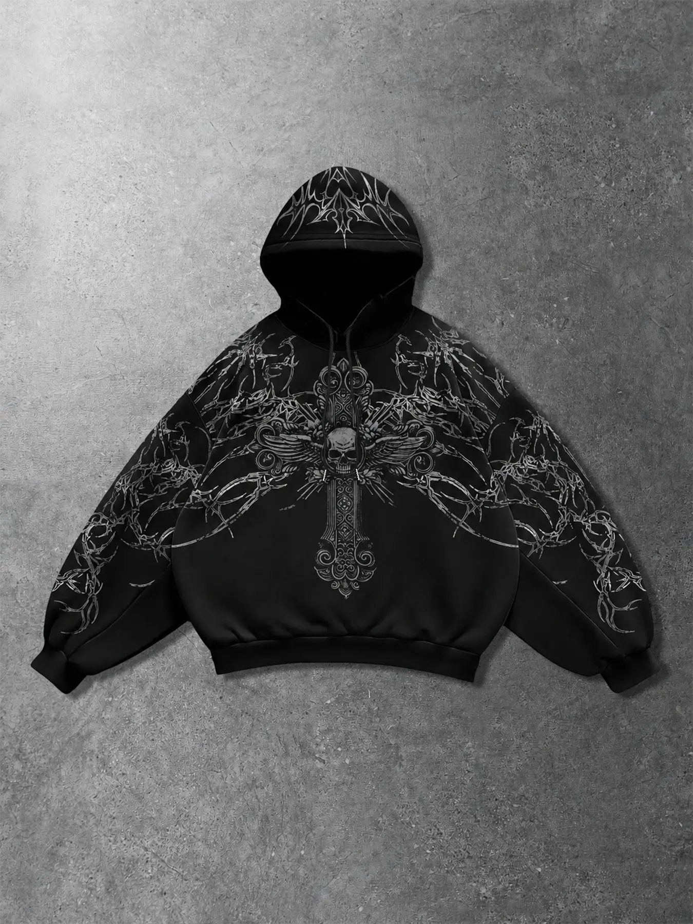 Heavy-Duty Gradient Thorn Skull Print Hoodie, Intricate Cross and Wing Details, Drawstring Design, Loose Fit, Punk Style