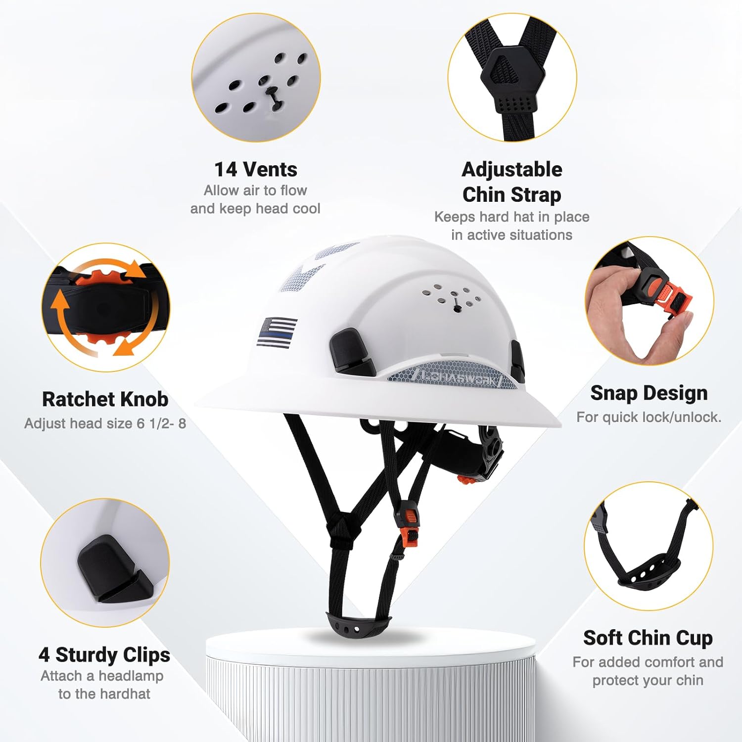 Full Brim Hard Hat Vented Hard Hat Cascos De Construccion Adjustable Cool Vent Work Hard Hat for Men Women with Reflective Stickers