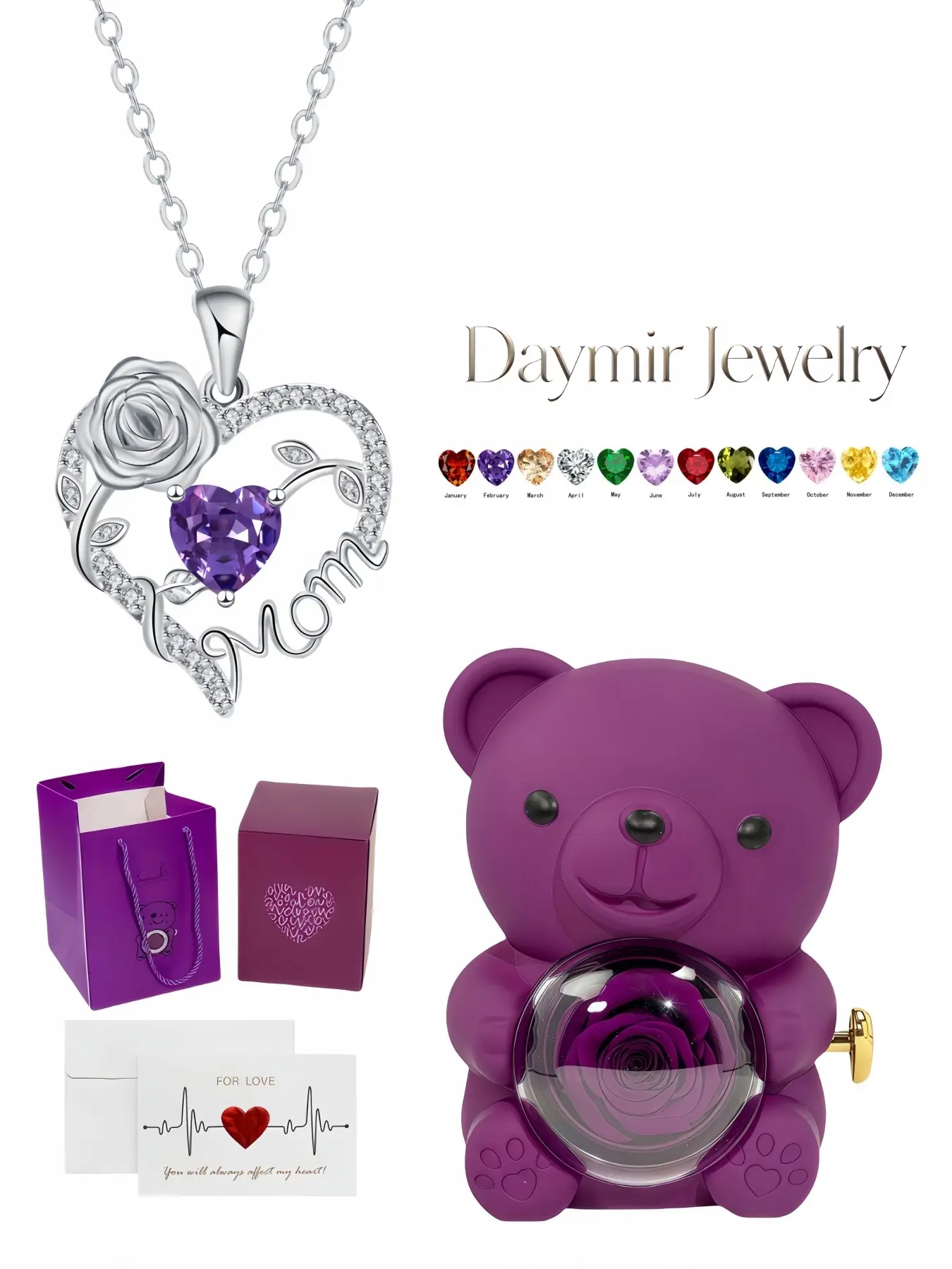 Diamond Shadow Rose · Motherly Heart Necklace, heart-shaped Mom rose gem pendant available in 12 birthstone styles. Packaged in adorable rotating rose bear jewelry box, a delicate surprise gift for birthdays, Mother’s Day and Valentine’s Day.