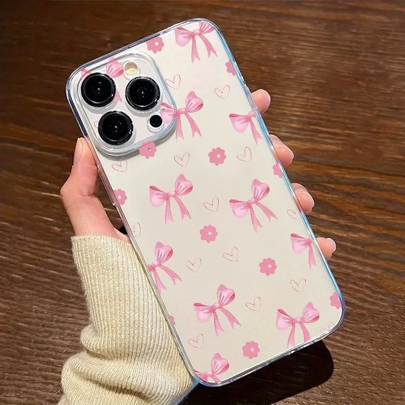 Sweet Bow Petal Small Love Heart Pattern Transparent Soft Phone Case Suitable For iPhone 17Air/16/15 Pro Max/14 Plus/13/12/11/X/XS/XR/XSMAX, Shockproof Cellphone Accessory,Stylish Gift