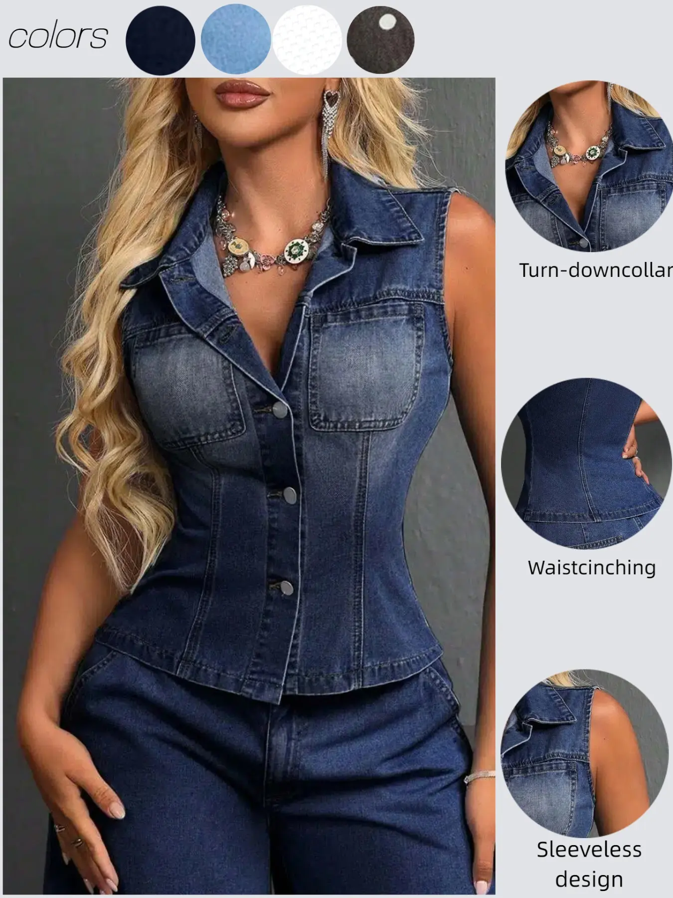 Elegant Fitted Sleeveless Denim Jacket Tops for Women, Casual All-Season Wear, Unique Fashion Design, Plain Pattern, with Collar