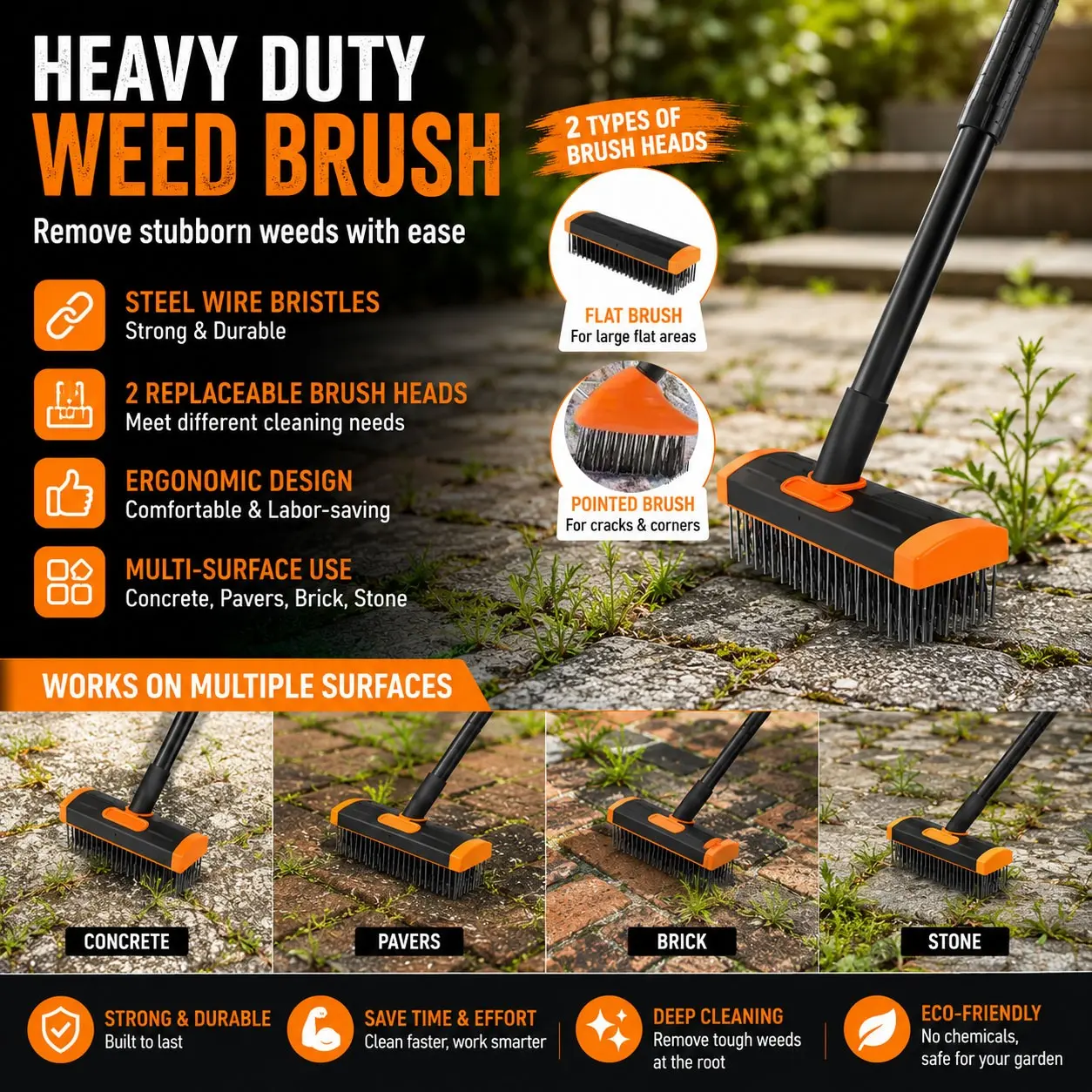 3-in-1 Stainless Steel Weed Remover Brush Kit, Tool, Detachable Long Handle for Patio, Driveway, Sidewalk Cracks and Garden Cleaning