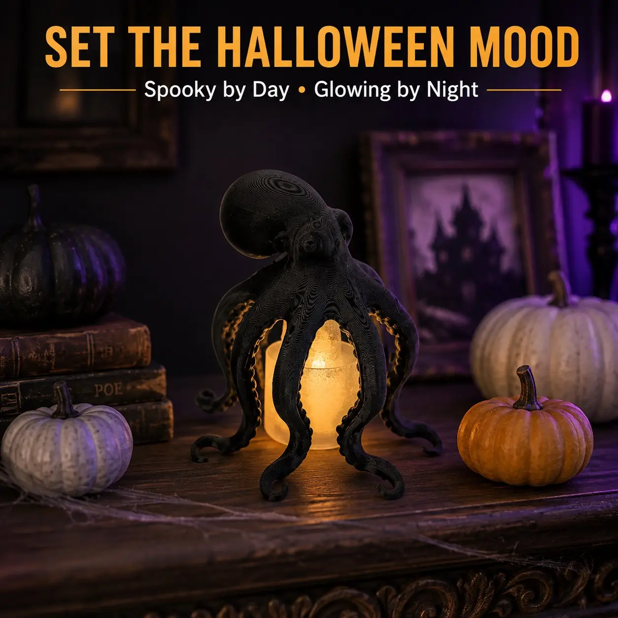 3D Printed Octopus Lampshade for Battery-Operated LED Candles – Halloween Tabletop Décor, Light Not Included