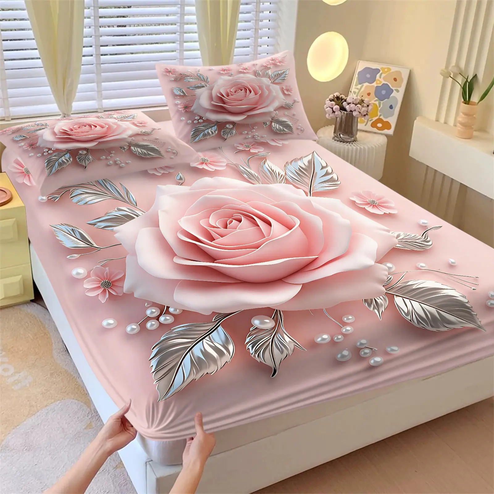 3-Piece Elegant Pink Large Rose Floral Bedsheets Fitted Sheet Set, 1 Fitted Sheet & 2 Coreless Pillowcases, Dreamy Romantic Flower And Pearl Printed Bedding, Soft Breathable Fabric & Deep Pocket Anti-Slip Mattress Cover, All Season Bedding Decor