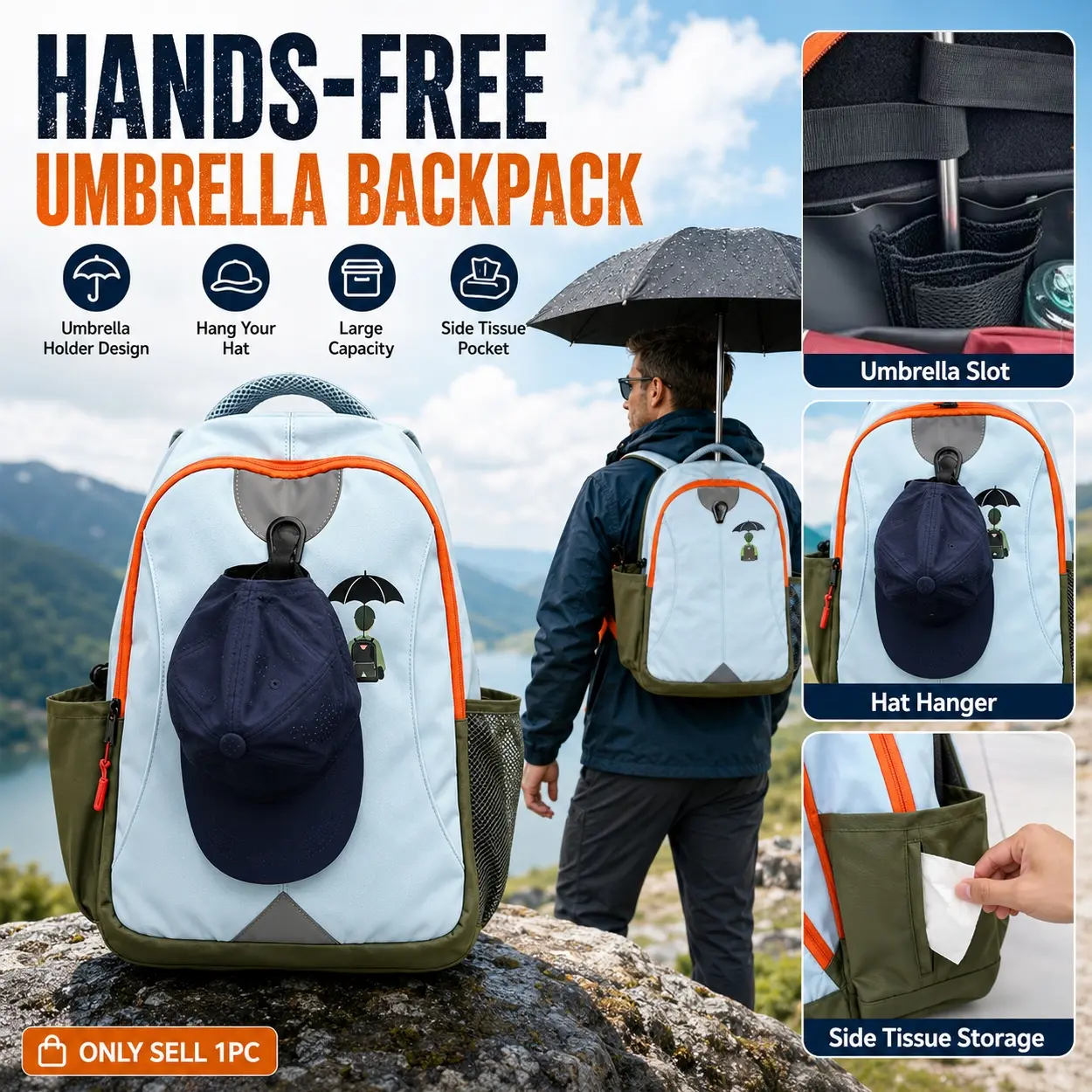 Hands-Free Umbrella Backpack Outdoor Hiking Daypack with Umbrella Slot, Hat Hanger, Large Capacity Main Pocket and Side Tissue Storage, Lightweight Travel Fishing Camping Backpack for Men Women, Rain Sun Protection for Walking Trekking,Fishing,Hiking