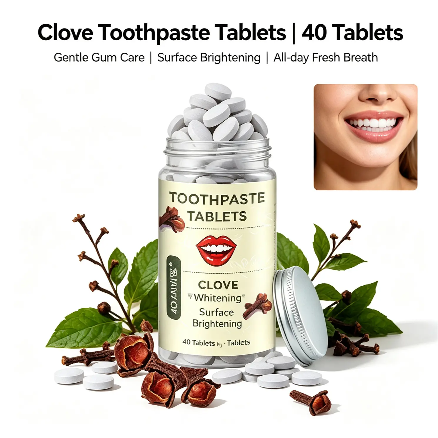 Adjaniss Clove Toothpaste Tablets, Fresh Oral Care, Whitening & Breath-Freshening, Portable Travel Size, Family Use, 24g
