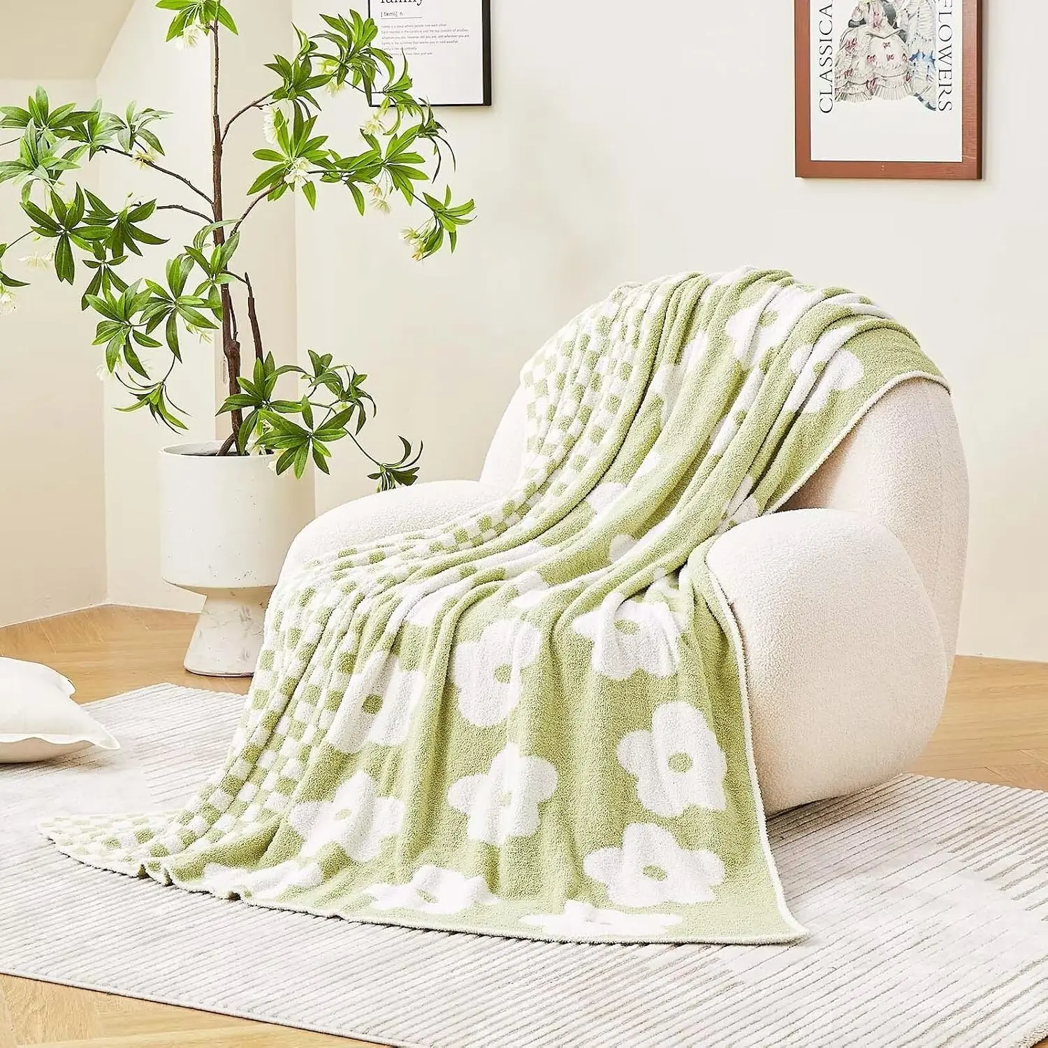 Checkered Throw Blanket, Sage Green Super Soft Knit Breathable Throw Blanket, Cozy  Reversible Checkerboard Flower Fuzzy Blanket for Couch Sofa Bed Living Room Decor 50 x 60 inch