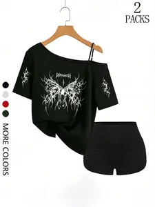 Women's Spring/summer Y2K Grunge 2-Piece Set, Gothic Tree of Life & Moon Phase Print, Off-Shoulder Tee, High-Waisted Shorts, Casual