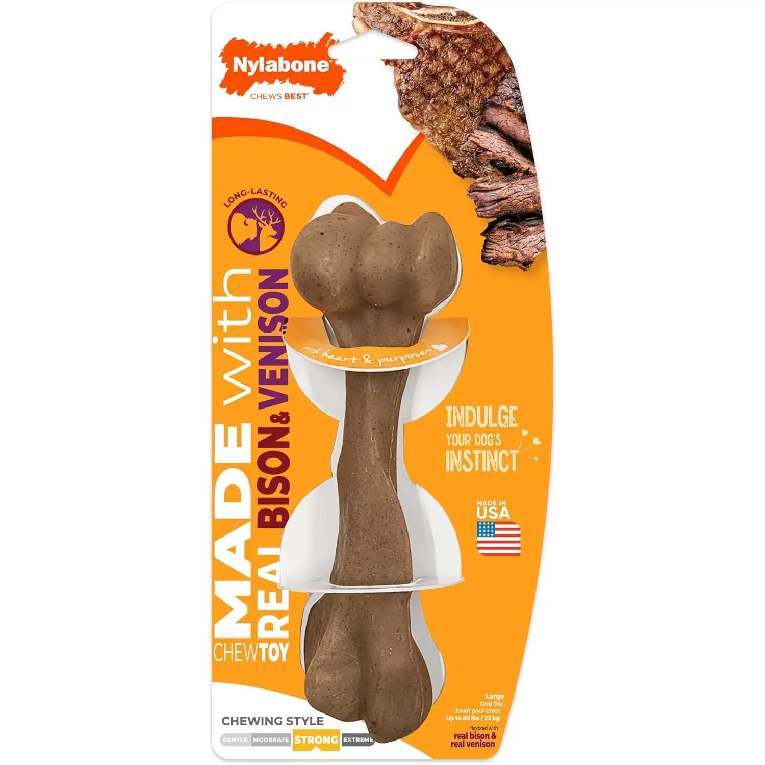 Nylabone Strong Chew Femur Bone Dog Toy Made with Real Bison Venison, Durable Chew Toys for Aggressive Chewers, Long Lasting Dog Bone, Keeps Dogs Busy, Large Breeds - Up 50 lbs