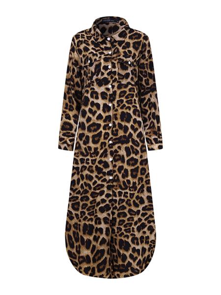 Women's Leopard Print Button Front Flap Pocket Shirt Dress, Casual Curved Hem Long Sleeve Collared Long Dress for Daily Wear, Ladies Clothes for All Seasons Women's Leopard Print Button Front Flap Pocket Shirt Dress, Casual Curved Hem Long Sleeve Collared Long Dress for Daily Wear, Ladies Clothes for All Seasons
