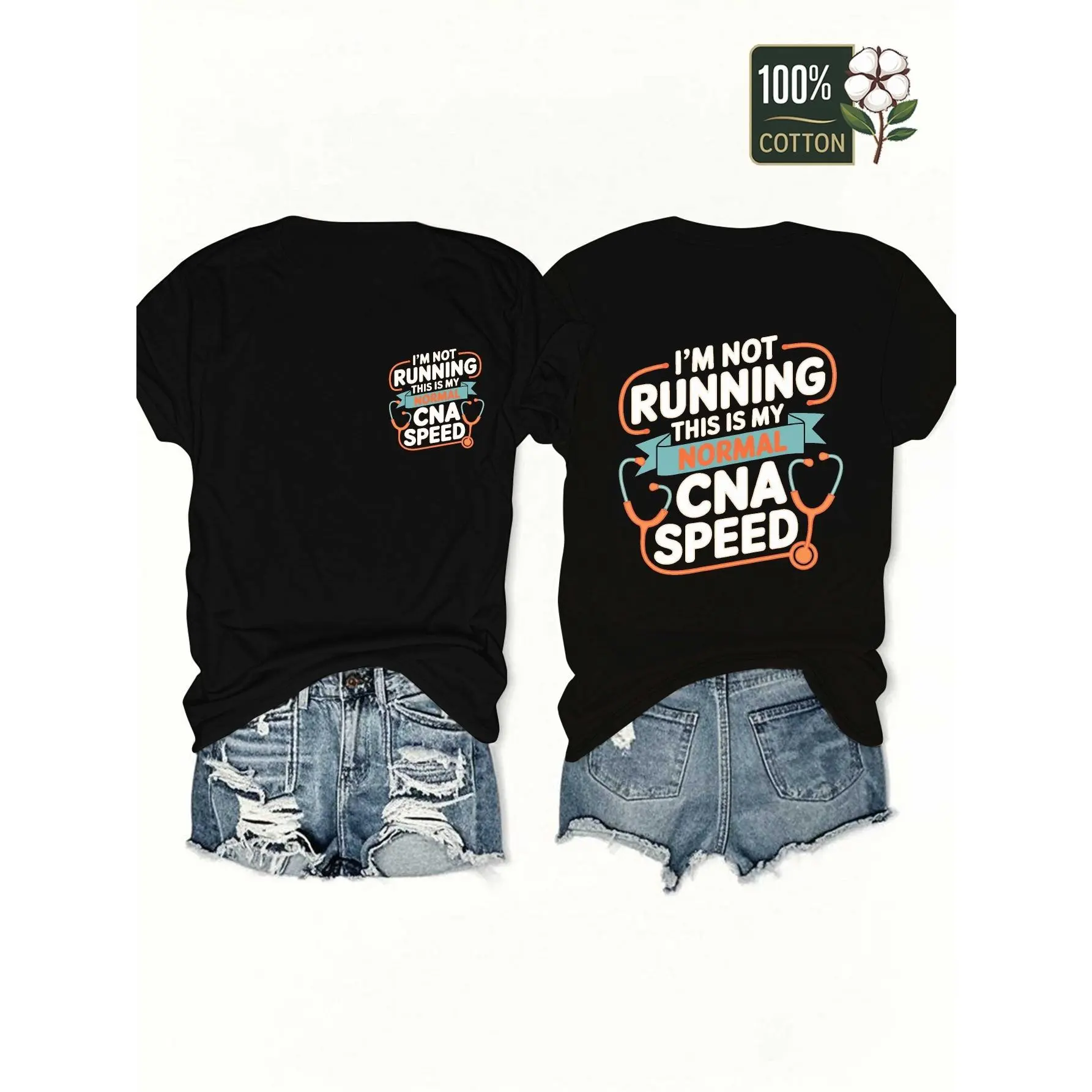 Men's T-Shirt, Chic and Cute Crew Neck Top in 100% Cotton with Funny CNA Speed Slogan & Stethoscope Print for Hospital Staff, Valentines Day, Foldable, Tops, Nurse, Unisex, Streetwear, Shortsleeve, Worker, Jogger, Classic, Fabric, Graphic, Soft