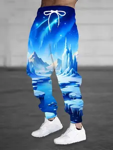 Men's Dreamy Arctic Ice River Night Digital Print Sweatpants, High Street Style, Ankle Length, Mid Waist, Casual Long Pants