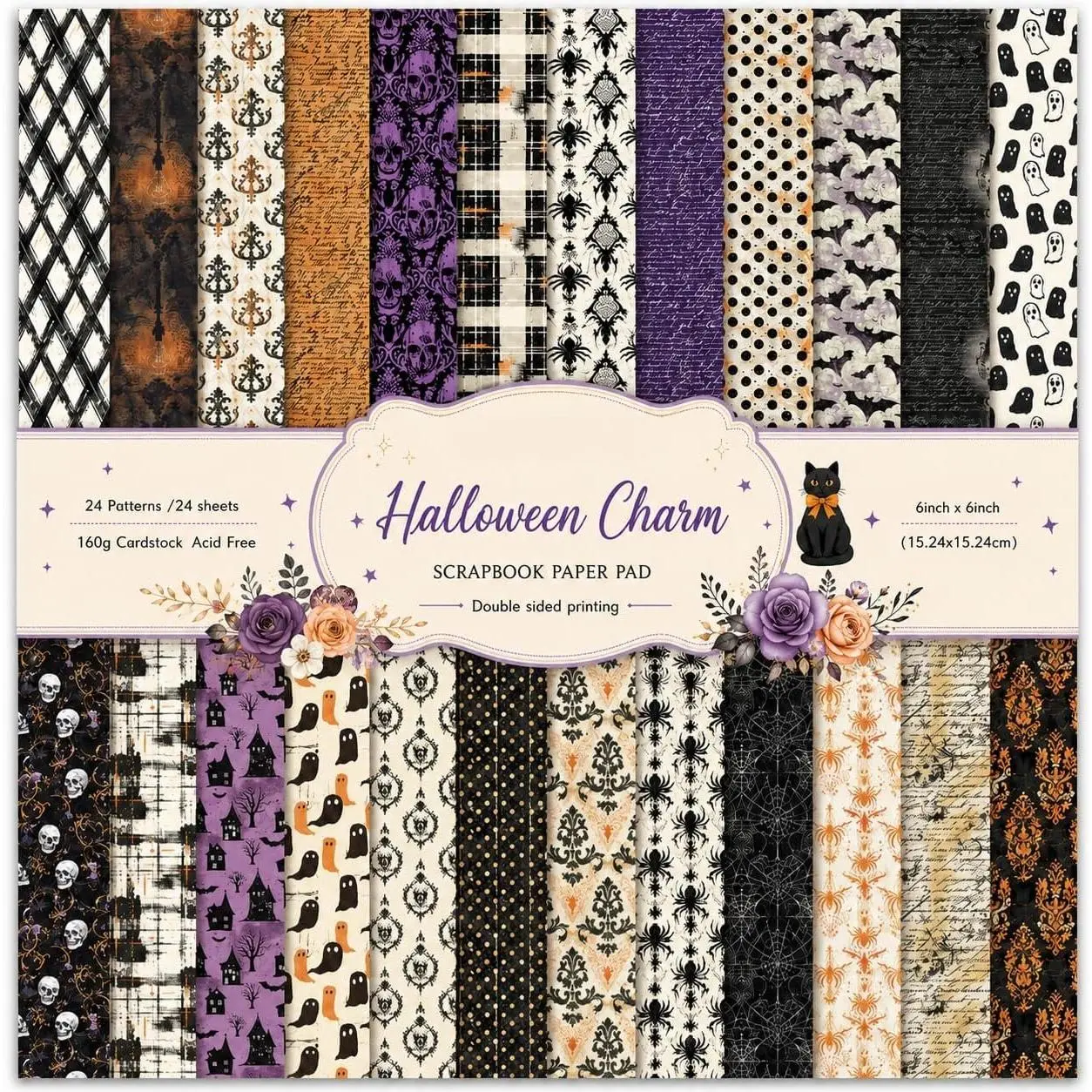 Halloween Scrapbook Paper Scrap Book Scrapbooking  Classic Spooky Aesthetic Patterned Craft for Cardmaking Junk Journaling DIY Crafts Fall Decorations, 6x6 24 Sheets Acid Free Papers