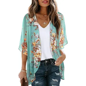 Women's Floral Print Puff Sleeve Kimono Cardigan Loose Cover Up Casual Blouse Tops 2026