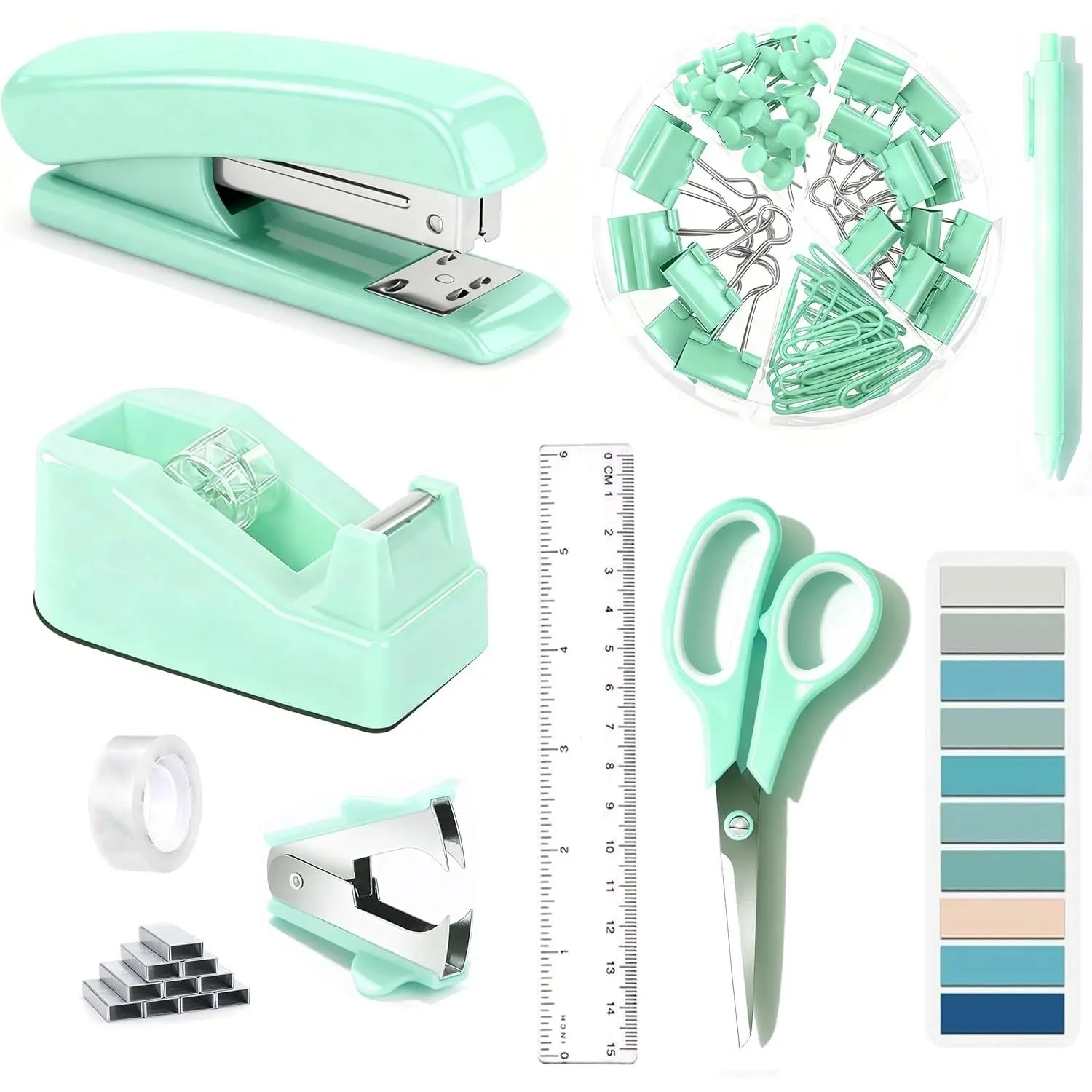 Green Office Supplies, Teal Desk Accessories with Tape Dispenser, Stapler, Staple Remover, 1000 Staples, Tape, Clips Set, Ruler, Scissor, Pen