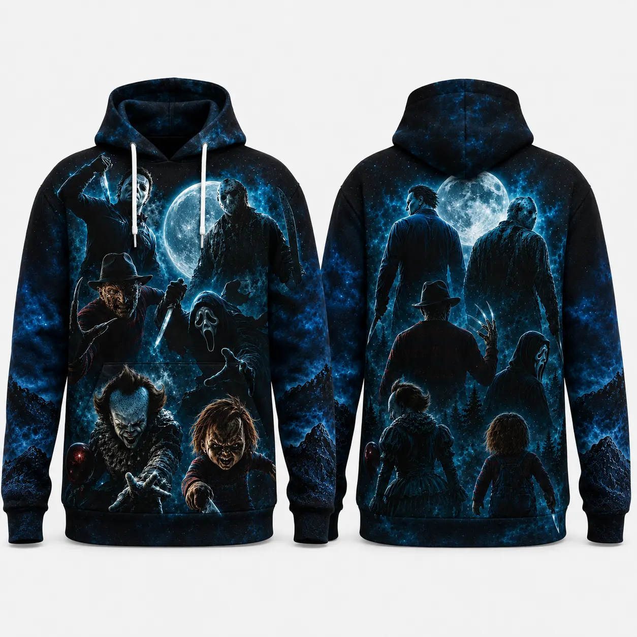 Retro Classic Horror Movie Character All-Over Print Hoodie, Y2K Spooky Season Hoodie, Halloween Gift for Men Women
