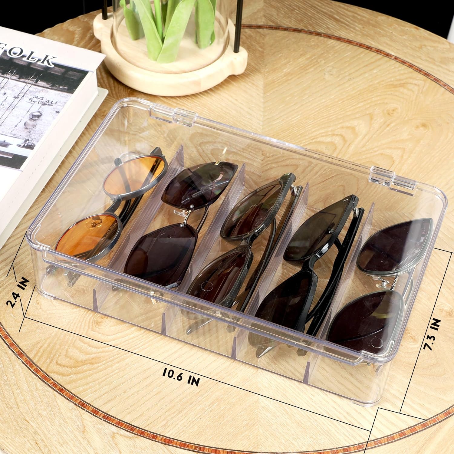 Sunglasses Organizer, Plastic Stackable Eyeglass Case Storage Organizer, Sunglass Glasses Storage Box with Hinged Lid, 5 Sections, 2 Pack, Clear