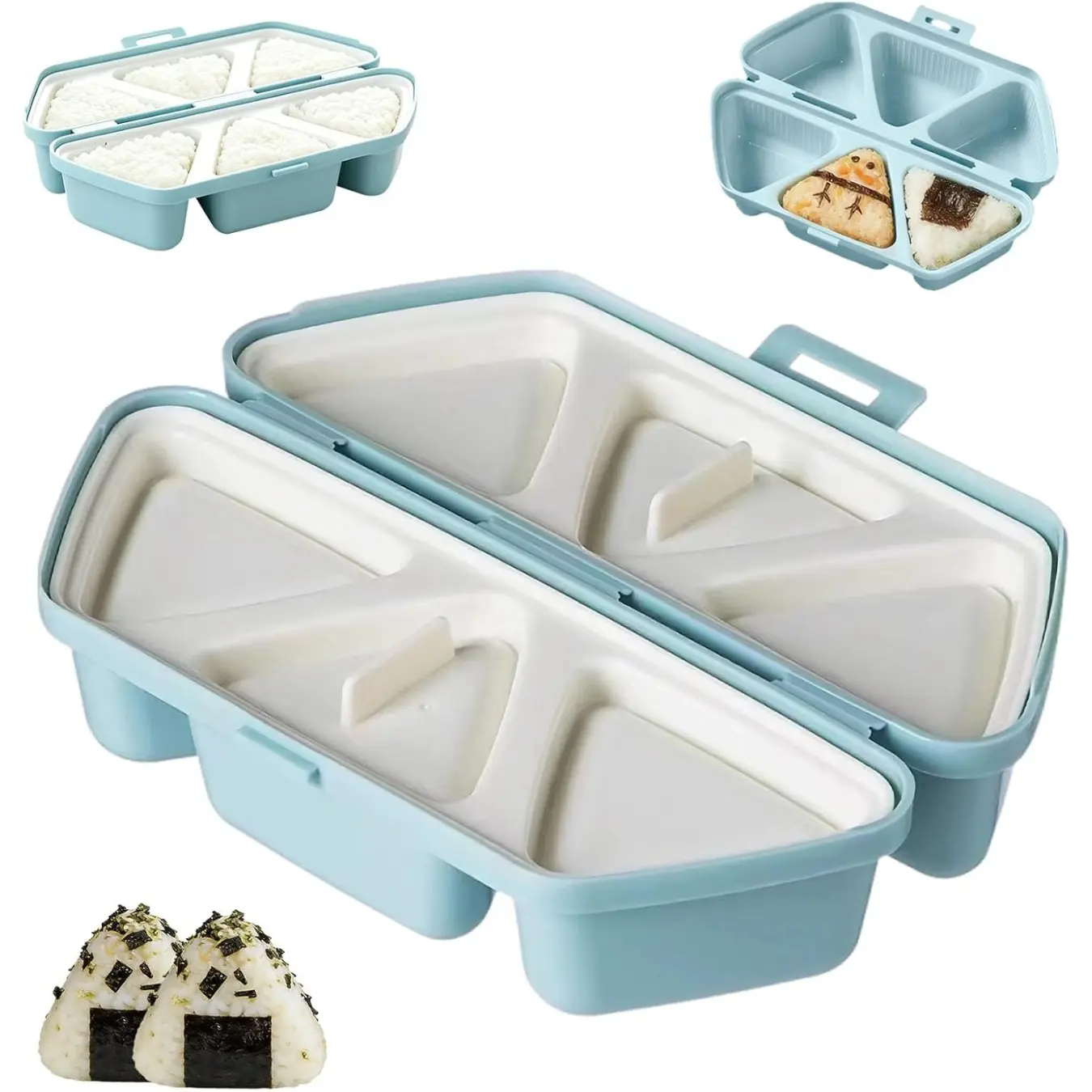 Blue 6-in-1 Triangle Onigiri Rice Ball Mold Set, 6-Hole Sushi Making Tool, Creates Six Rice Balls at Once, Portable Compact Design Easy to Store for Homemade Japanese Food Making