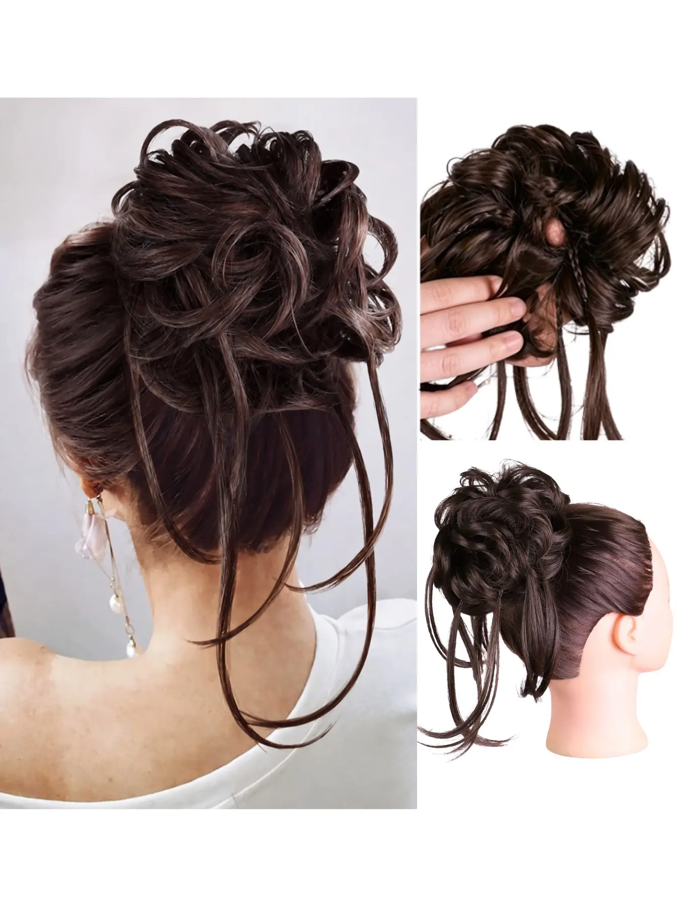 Messy Bun Hair Piece, Tousled Updo with Tendrils Hair Bun Extensions Wavy Curly Hair Wrap Ponytail Hairpieces Thick Hair Scrunchies for Women