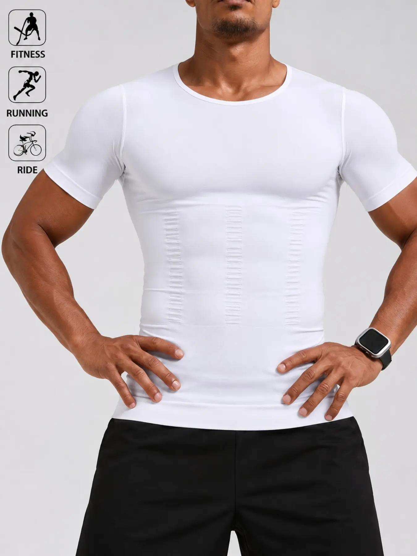 1 Count Men's Compression Shirt, Undershirt, Seamless Crew Neck Slimming Top, Short Sleeve Shirts, Workout Vest Abs Abdomen Slim Body Shaper, Tummy Control,  Invisible Under Fitted Tees, 4-Way Stretch Fabric, Suitable For Training Or Sports