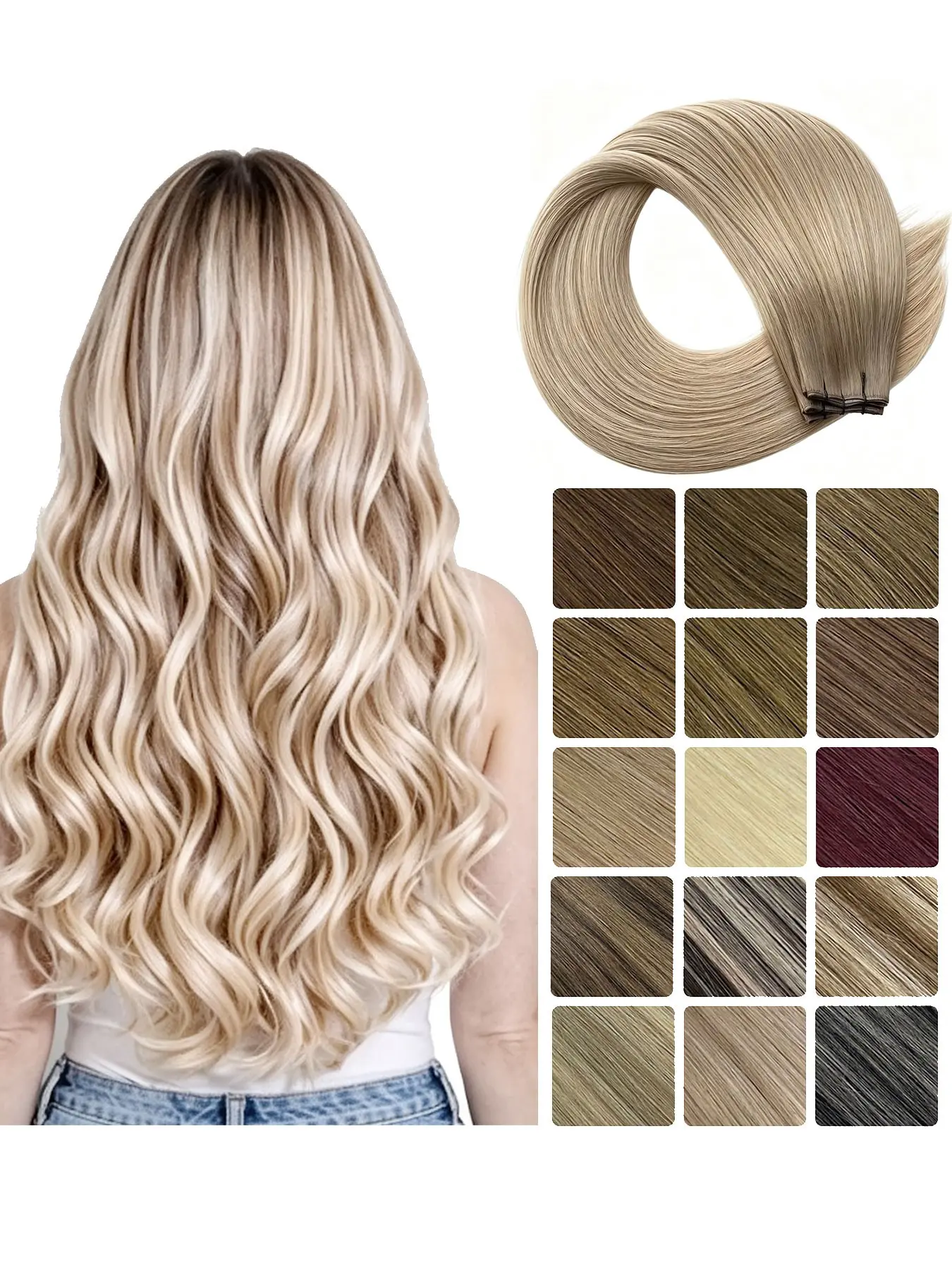 【Genius Weft】Sew In Virgin Remy Hand Tied Human Hair Extension 16inch 22inch Straight Silky Texture Seamless Invisible Blend Ombre Balayage Highlights Ash Blonde Bleach Chocolate Brown Honey Blonde #4/27 #B2/5 #B2/60A B1/Grey Women Daily Style