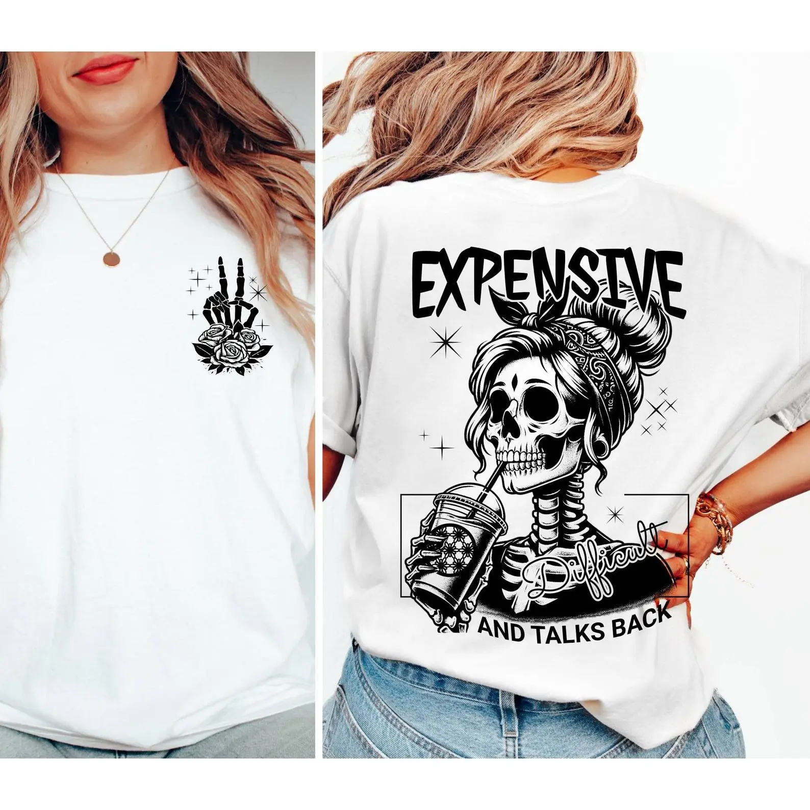 100% Cotton Unisex Round Neck Tee, Expensive And Difficult And Talks Back Skull Lady Double Sided Chest Back Graphic Loose Casual Top, Retro Rose Peace Skeleton Print For Gothic Women Daily Soft Breathable Summer Gift, Non-Washed Fabric
