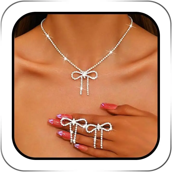 Rhinestone Bow  Set Bowknot Necklace Earrings Set for Women