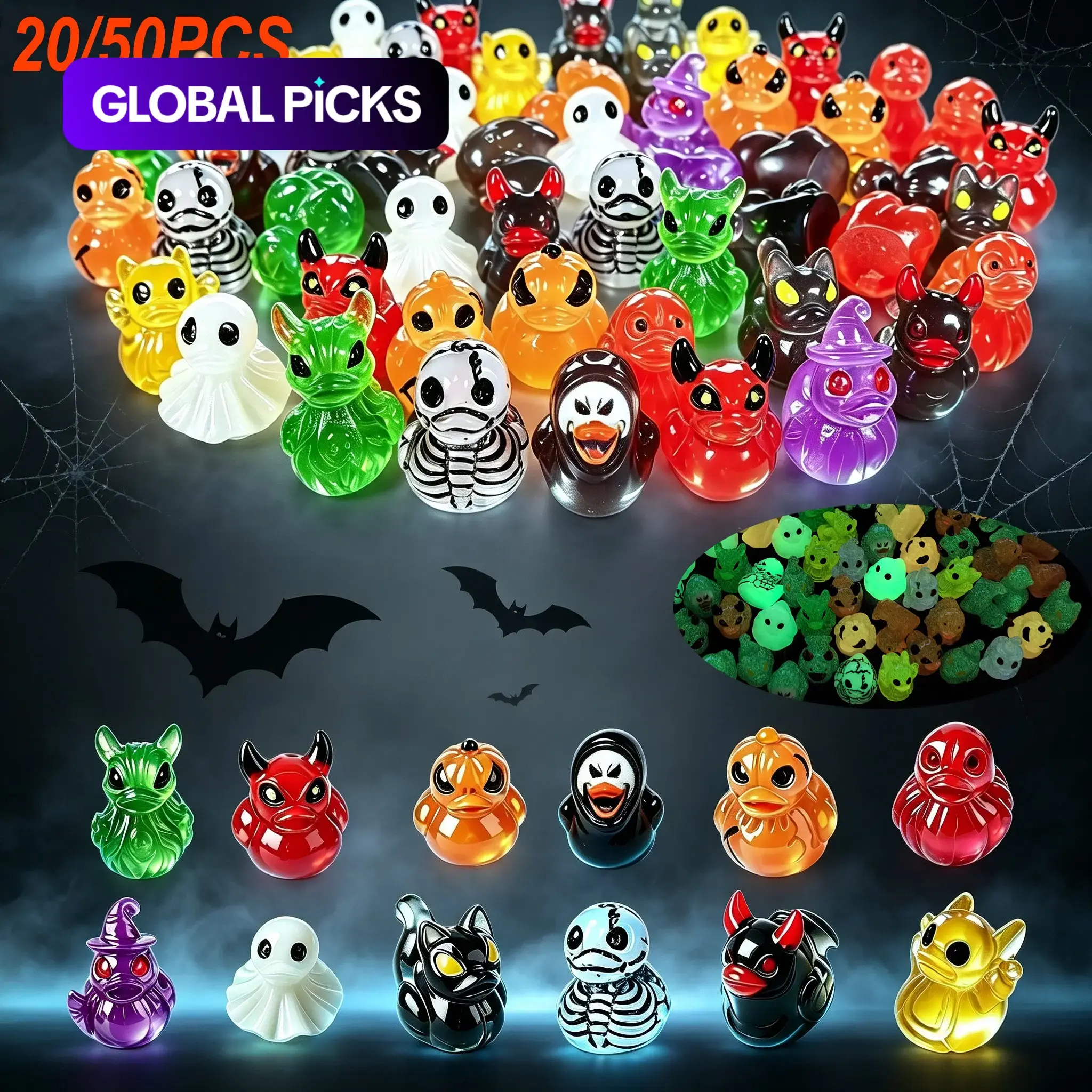 Mini Devil, Ghost and Skeleton Design Glow-in-the-Dark Resin Ducks, Duck Statues, Cute Haunting Desktop Decor, Mini Garden Ornament, Halloween & Christmas Decoration