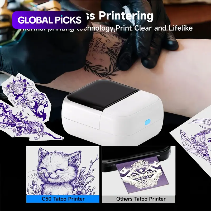 C50 Mini Wireless Tattoo Template Printer, Compatible with Smartphones and Tablets, Portable Tattoo Printer, Compact Lightweight Thermal Tattoo Printer, Ideal for Tattoo Artists and Beginners, Tattoo Stencil Printer #GLOBAL PICKS