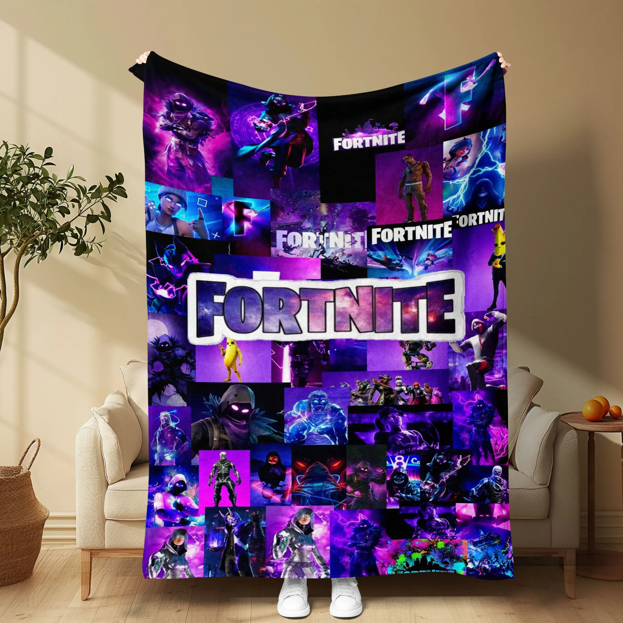 Fortnite All Skins Collage Flannel Throw Blanket, Purple Lightning Game Character Graphic Blanket, Galaxy Fortnite Logo Soft Cozy Blanket, Gamer Bedroom Decor Gift for Fortnite Fans