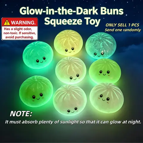 Glow in The Dark Bun Squeeze Toy, Decompression Squeeze, Dumpling Squishy, Squishy Fidgets, Soft TPR Stress Relief Squish Toy, Surprise Blind Box with Random Color Per Box, Anxiety Relief Fidget Toy for Kids & Adults, Sensory Fidget Squishies