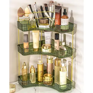 3-Tier Corner Makeup Organizer for Vanity, Countertop Bathroom Organizer with Makeup Brush Holder, Corner Counter Storage for Bathroom Dresser - Green
