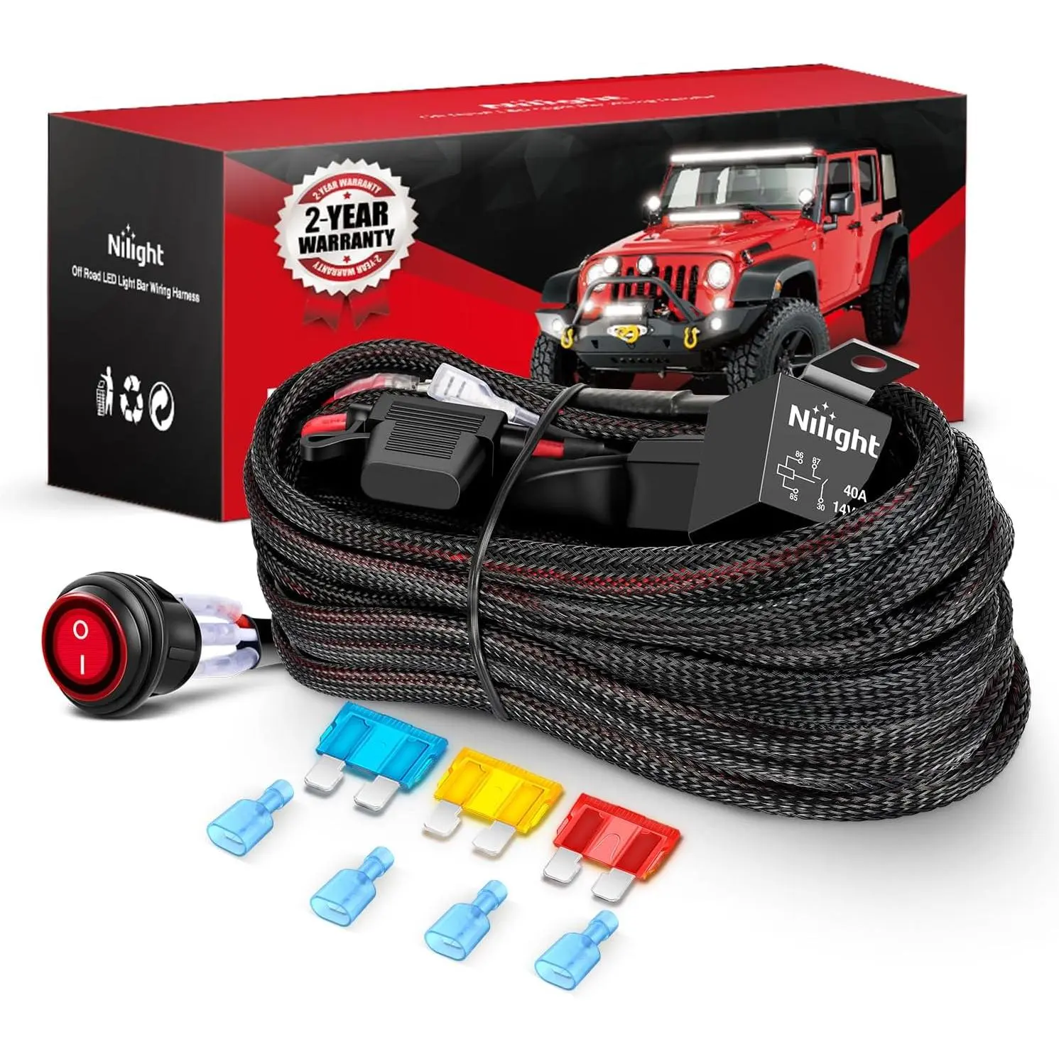 Nilight 14 AWG Nylon Wiring Harness Kit - 2-Leads with 12V Rocker On-Off Switch, Power Relay, Blade Fuse, Relay Protection, Overload Safe for Red LED Light Bar, Off-Road Lights on Cars, Jeeps, Yachts