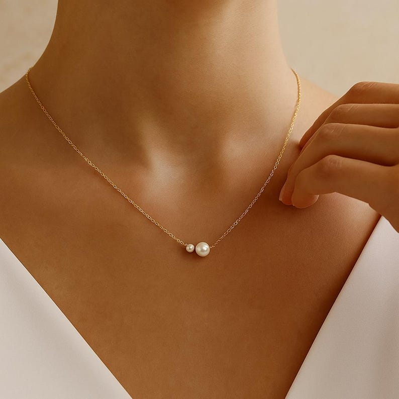 Minimalist Double Pearl Necklace – 14K Gold Plated Dainty Chain Jewelry for Women, Hypoallergenic and Tarnish Resistant, Perfect Elegant Gift for Wedding, Anniversary, or Valentine’s Day Celebration